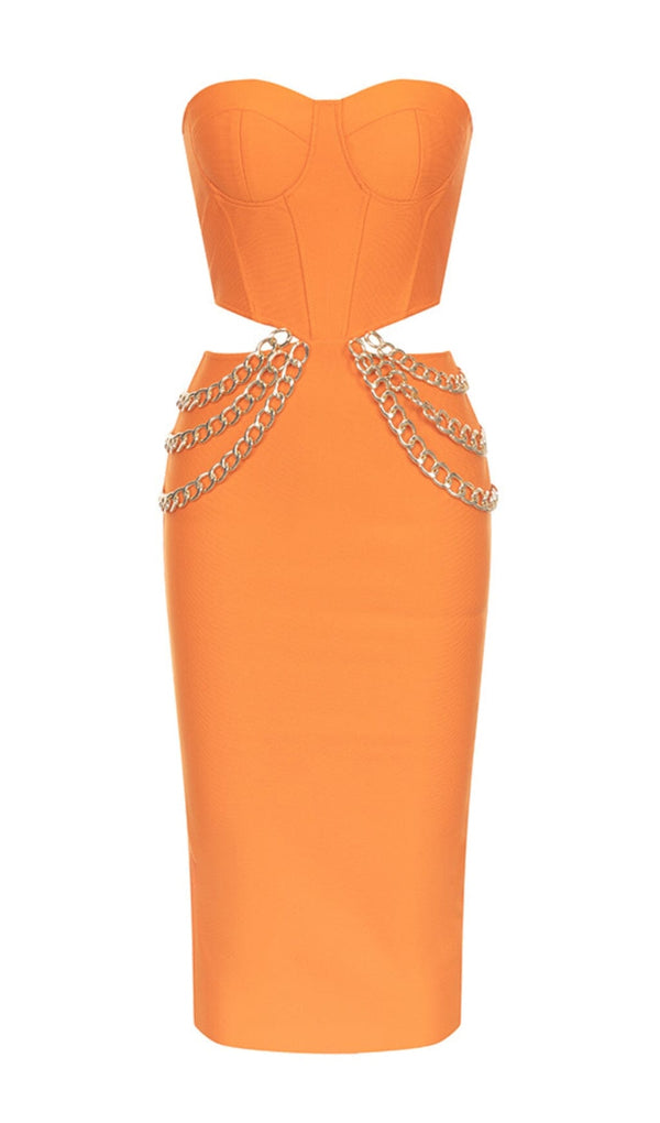 CUT OUT CORSET MIDI DRESS IN ORANGE DRESS STYLE OF CB 