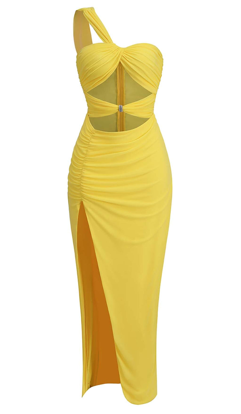 CUTOUT ONE-SHOULDER MIDI DRESS IN LEMON DRESS STYLE OF CB 