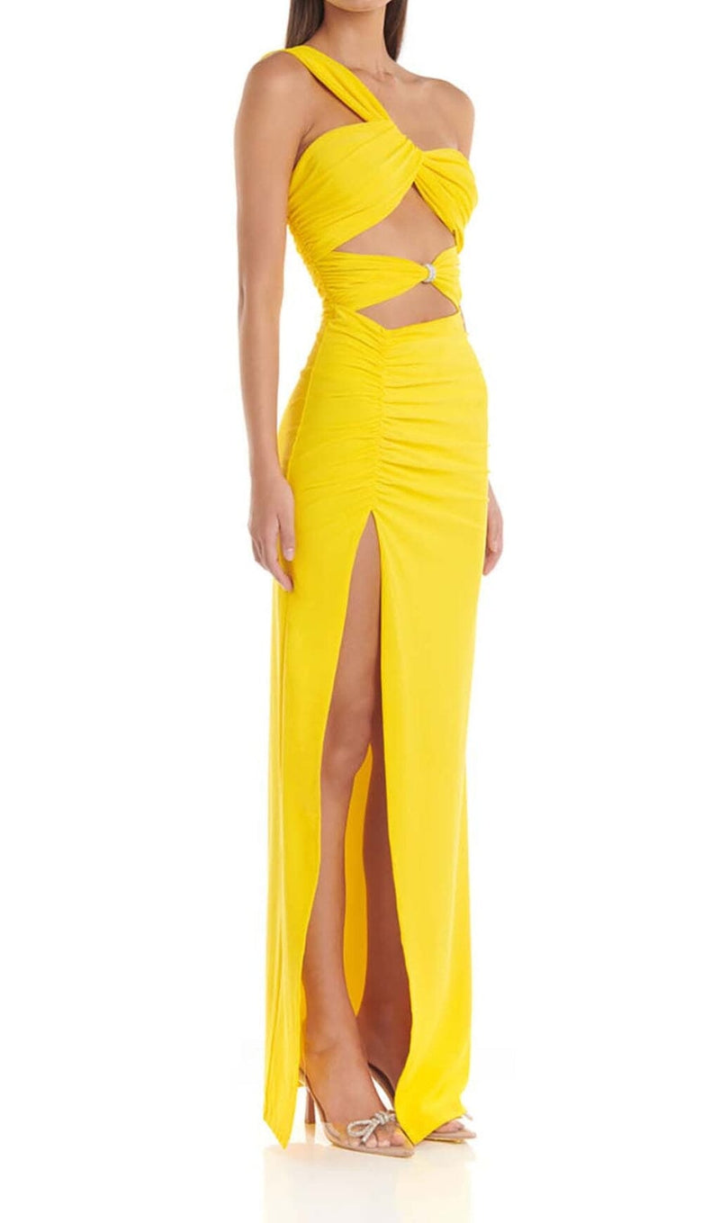 CUTOUT ONE-SHOULDER MIDI DRESS IN LEMON DRESS STYLE OF CB 