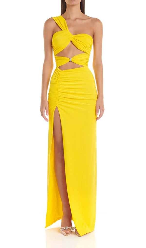 CUTOUT ONE-SHOULDER MIDI DRESS IN LEMON DRESS STYLE OF CB 