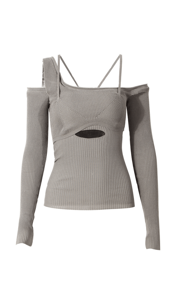 Cutout off-shoulder asymmetric sweater. ohmogo S GRAY 