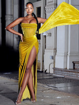 Priya Gold Draping Corset High Slit Velvet Gown Dresses Oh CiCi 