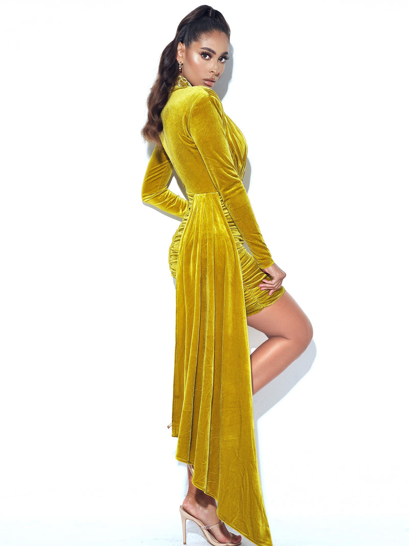 Gracyn Gold Cutout Long Sleeve Draping Velvet Dress Dresses Oh CiCi 