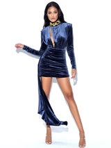 Gracyn Blue Cutout Long Sleeve Draping Velvet Dress Dresses Oh CiCi 