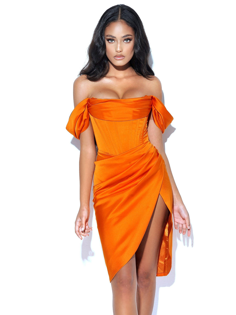 Wiley Orange Satin Off Shoulder Corset Dress Dresses Oh CiCi 