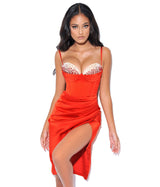 Nyla Red Satin Corset Dress with Crystals Dresses Oh CiCi 