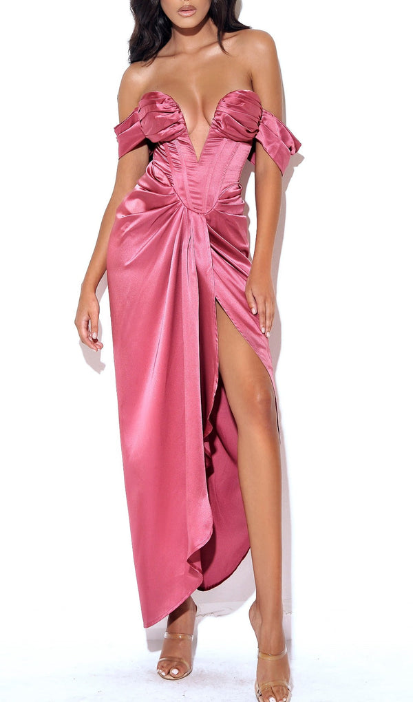 Xophia Mauve Pink Off Shoulder Satin Corset High Slit Dress Dresses Oh CiCi 