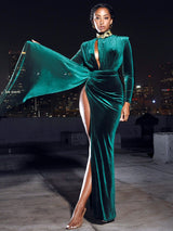 Zenaida Emerald Green Cutout High Slit Velvet Gown Dresses Oh CiCi 