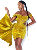 Irisa Gold Draping Off Shoulder Corset Dress Dresses Oh CiCi 