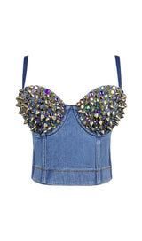DENIM CRYSTAL CROPPED TOP IN BLUE DRESS STYLE OF CB S GOLD 