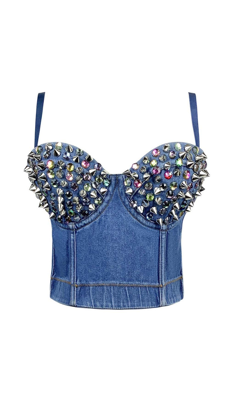 DENIM CRYSTAL CROPPED TOP IN BLUE DRESS STYLE OF CB S SLIVER 