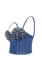 DENIM CRYSTAL CROPPED TOP IN BLUE DRESS STYLE OF CB 