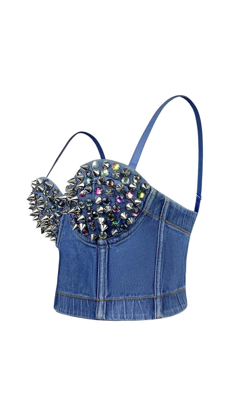 DENIM CRYSTAL CROPPED TOP IN BLUE DRESS STYLE OF CB 