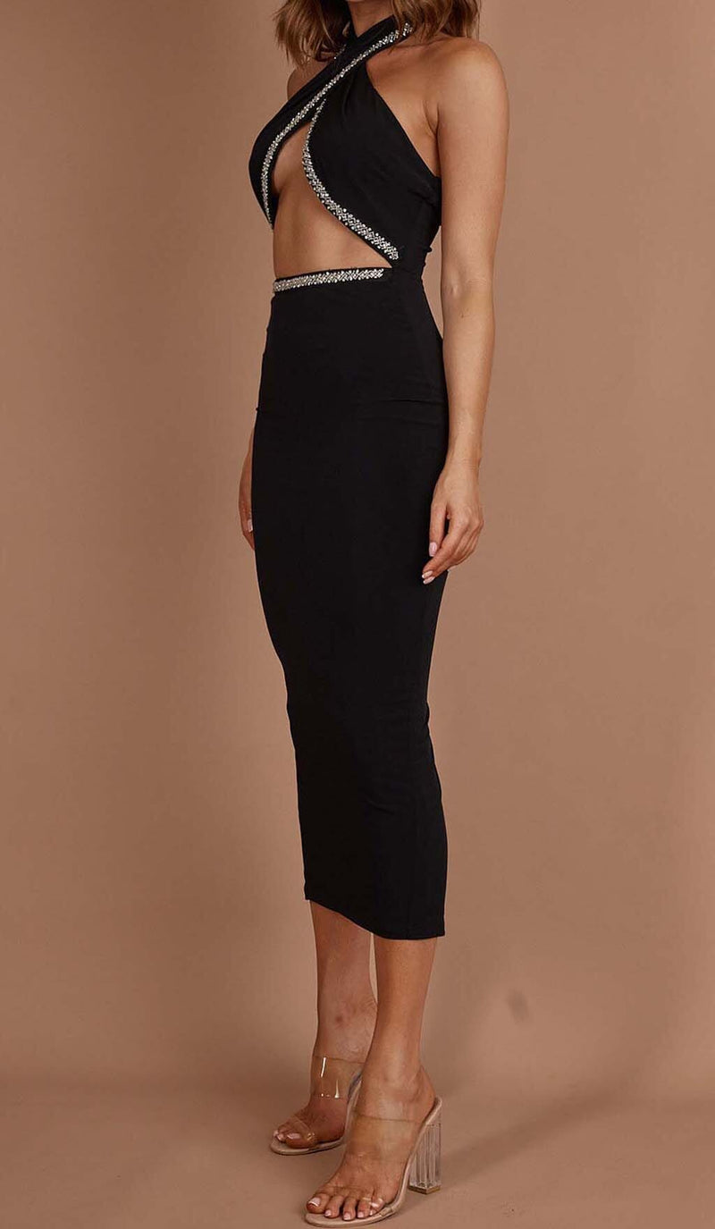 DIAMANTE TRIM MIDI DRESS IN BLACK DRESS STYLE OF CB 