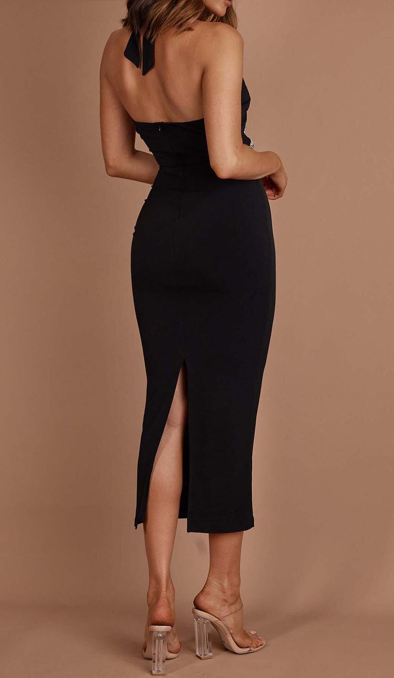 DIAMANTE TRIM MIDI DRESS IN BLACK DRESS STYLE OF CB 