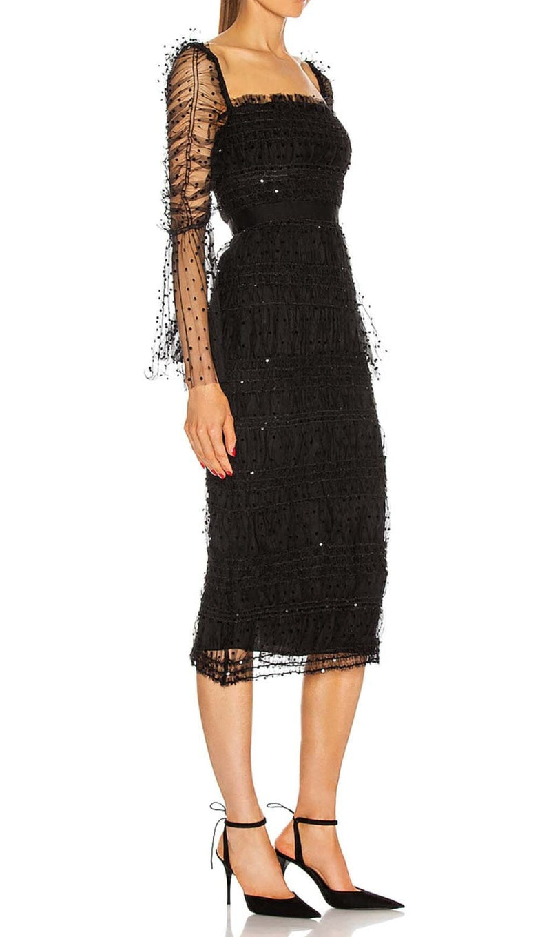 DOT MESH MIDI DRESS IN BLACK DRESS STYLE OF CB 