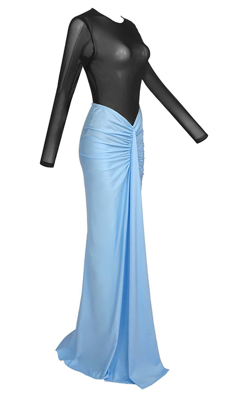 DROPPED WAIST RUCHED MAXI DRESS IN BLUE DRESS styleofcb 