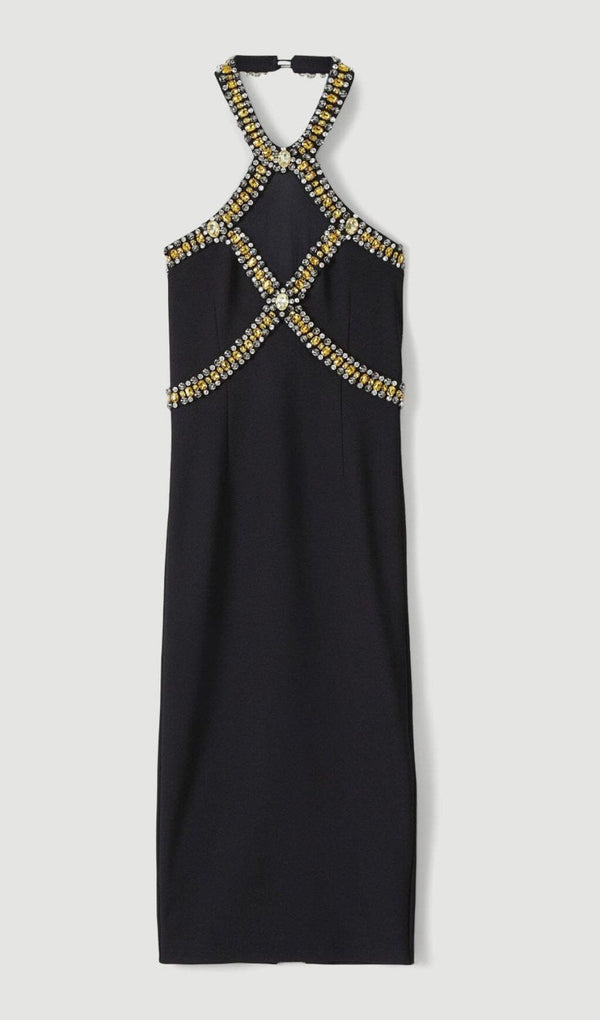 EMBELLISHED HALTER MIDI DRESS IN BLACK DRESS STYLE OF CB 