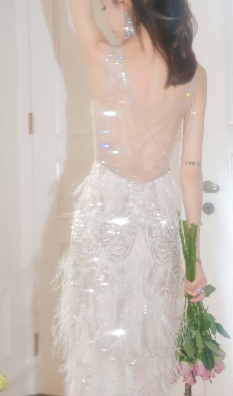 EMBROIDERED FEATHER CRYSTAL MIDI DRESS IN WHITE DRESS STYLE OF CB 