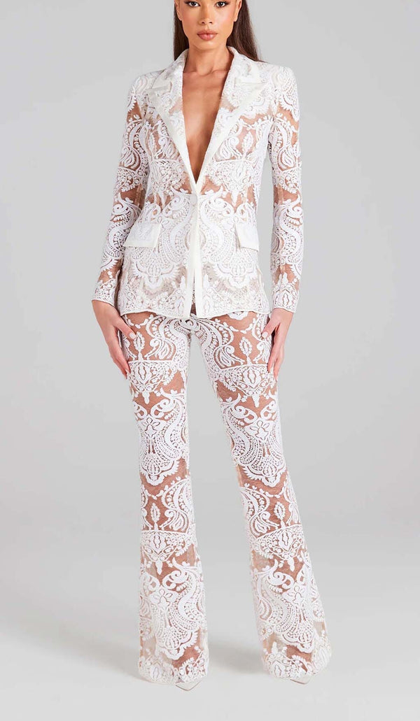 EMBROIDERED LACE MESH JACKET SUIT IN WHITE DRESS STYLE OF CB 