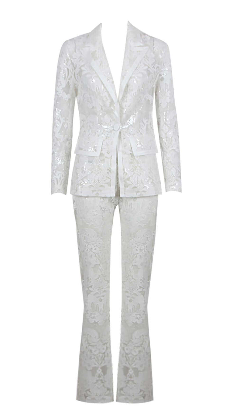 EMBROIDERED LACE MESH JACKET SUIT IN WHITE DRESS STYLE OF CB 