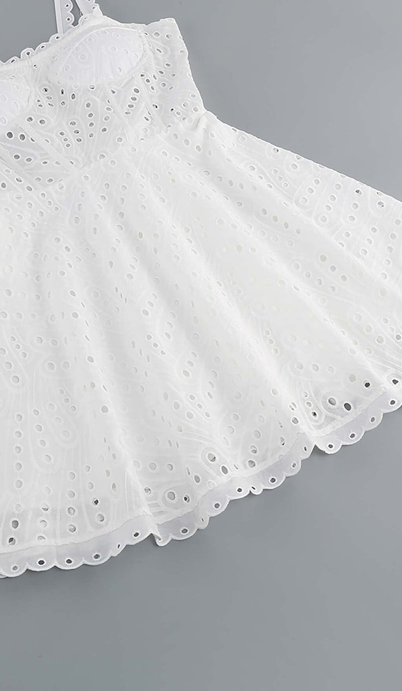 EYELET LACE STRAPPY MINI DRESS IN WHITE DRESS STYLE OF CB 