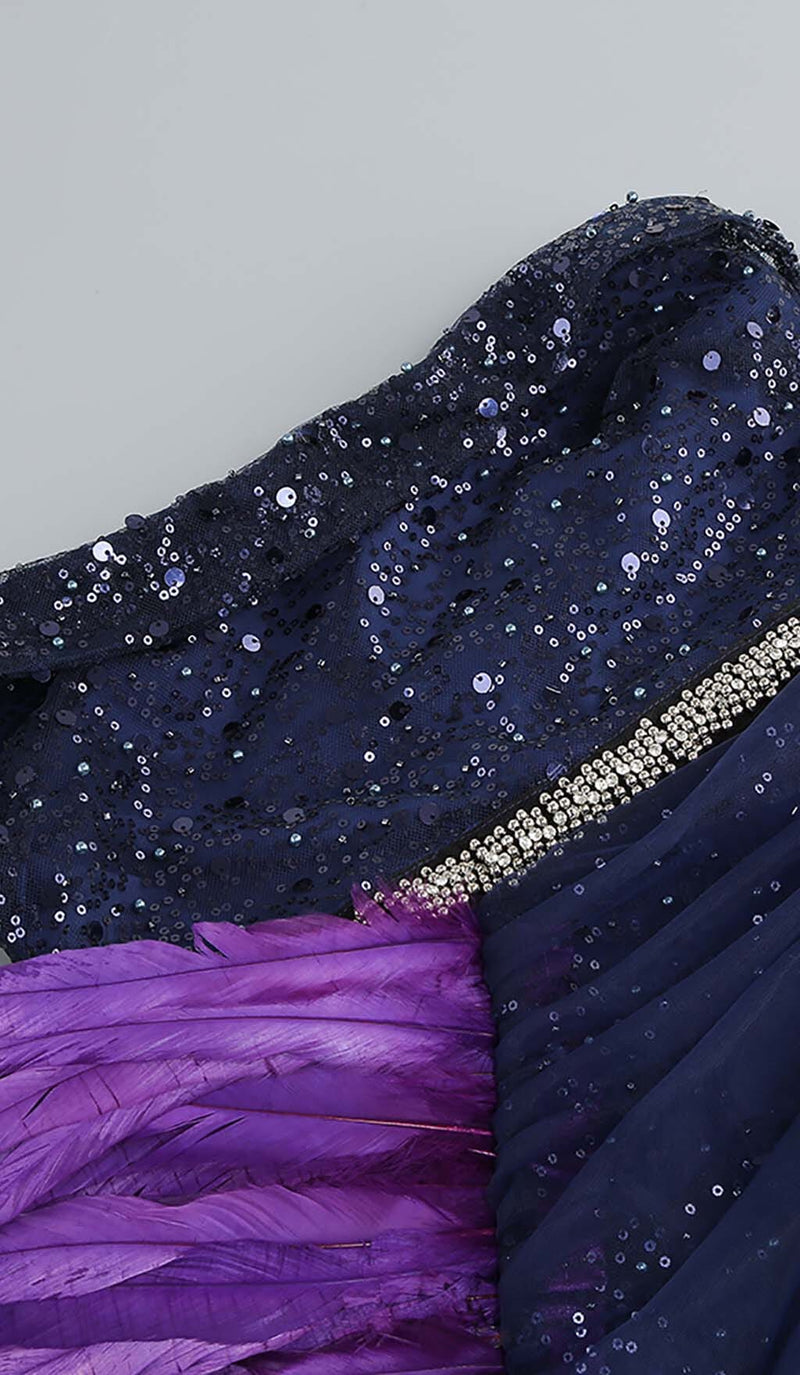 FEATHER SEQUIN MIDI DRESS IN PURPLE DRESS STYLE OF CB 