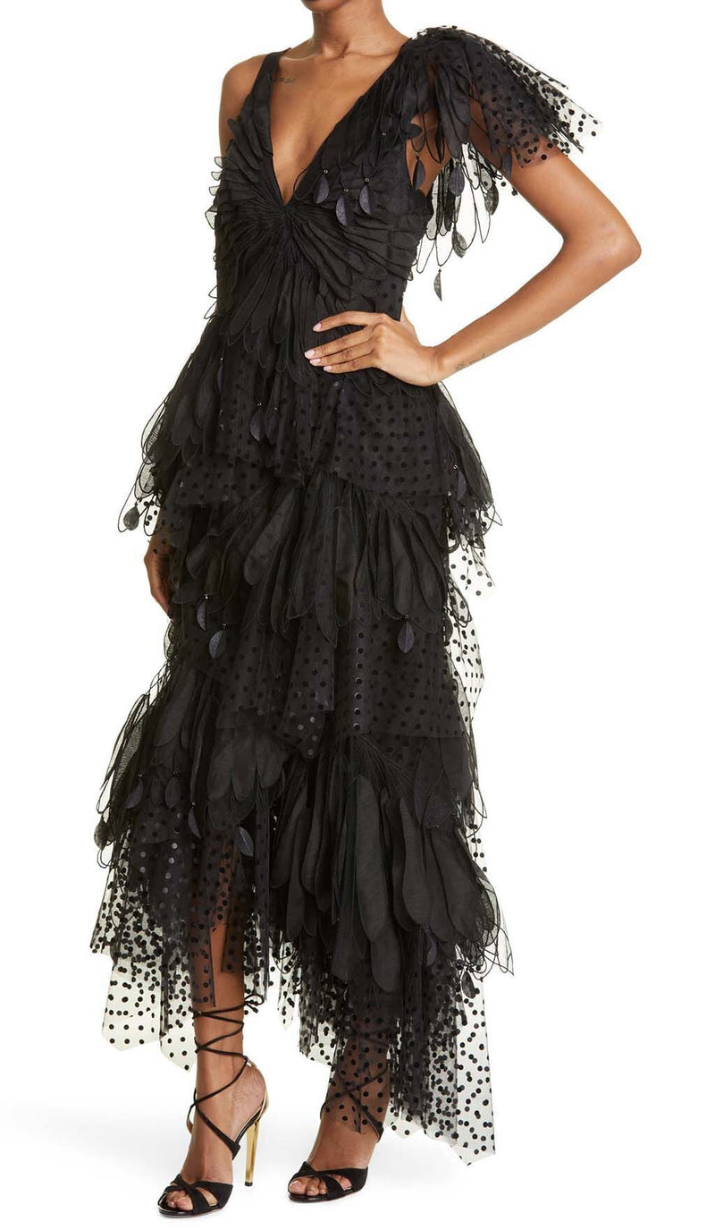 FEATHER V-NECK FLUTED MIDI DRESS IN BLACK STYLE OF CB 