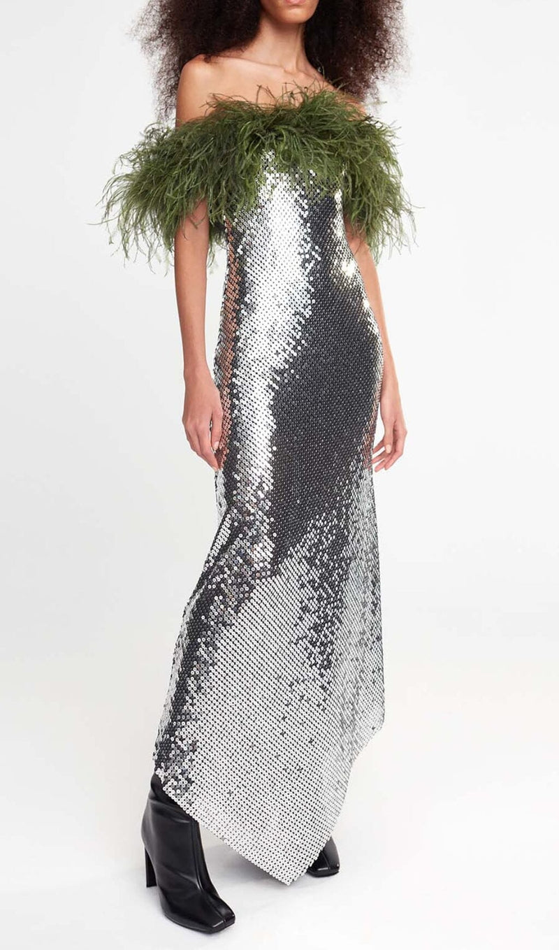 FEATHERED SEQUINED MAXI DRESS IN METALLIC SILVER styleofcb 