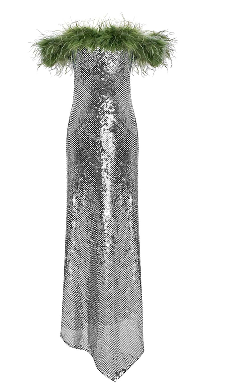 FEATHERED SEQUINED MAXI DRESS IN METALLIC SILVER styleofcb 