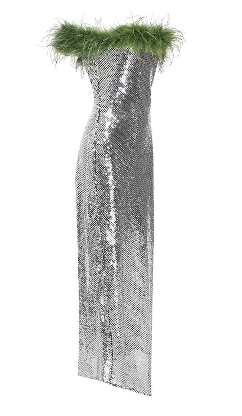 FEATHERED SEQUINED MAXI DRESS IN METALLIC SILVER styleofcb 