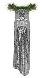 FEATHERED SEQUINED MAXI DRESS IN METALLIC SILVER styleofcb 