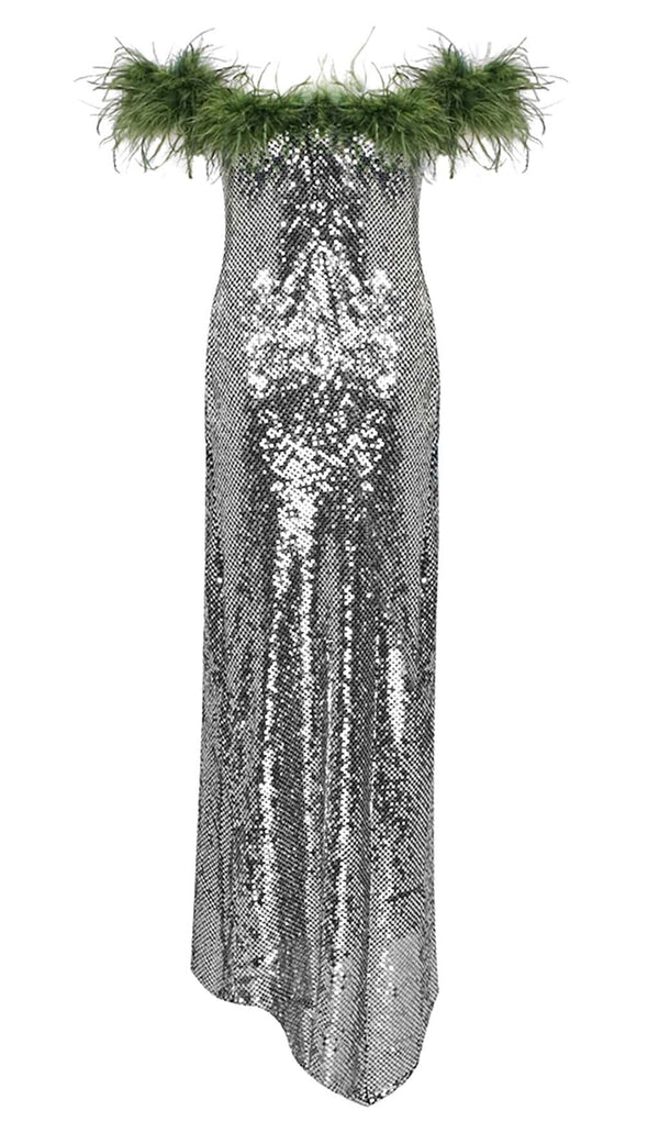 FEATHERED SEQUINED MAXI DRESS IN METALLIC SILVER styleofcb 