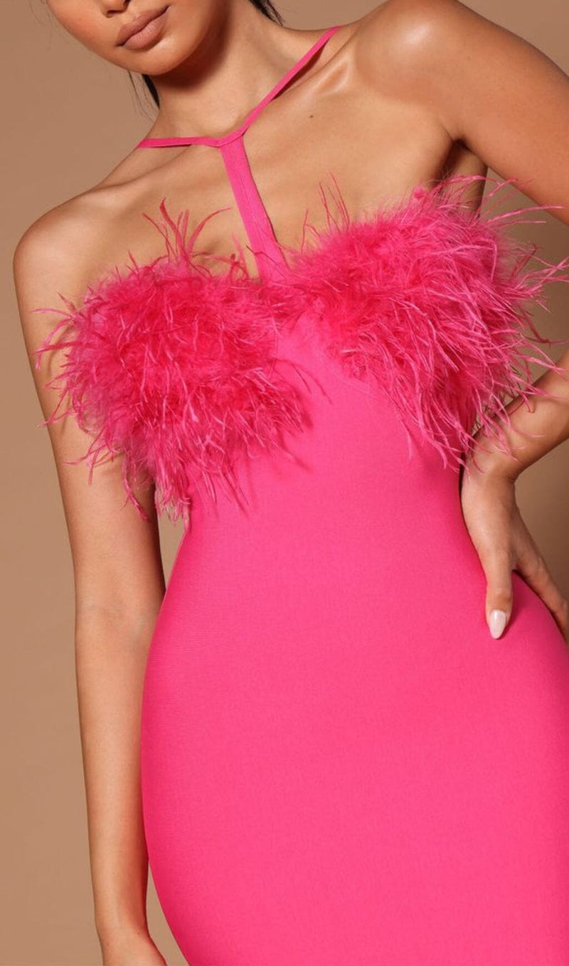 FEATHER HALTER MINI DRESS IN PINK DRESS STYLE OF CB 