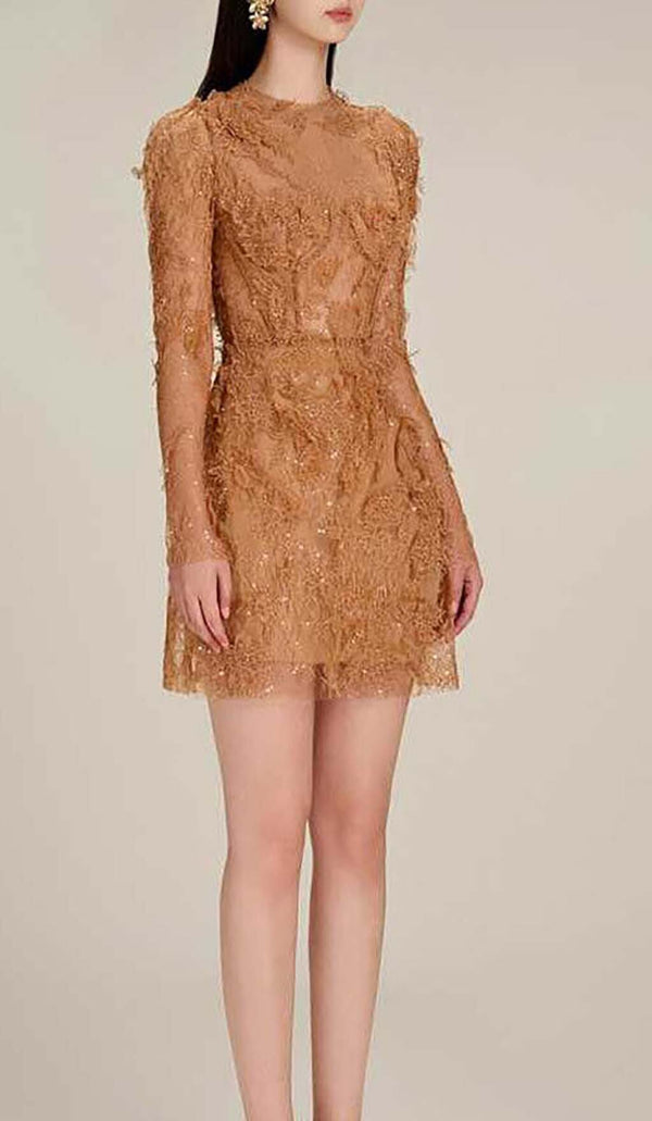 FLORAL AND RAMAGE EMBROIDERY MIDI DRESS IN BROWN DRESS STYLE OF CB 