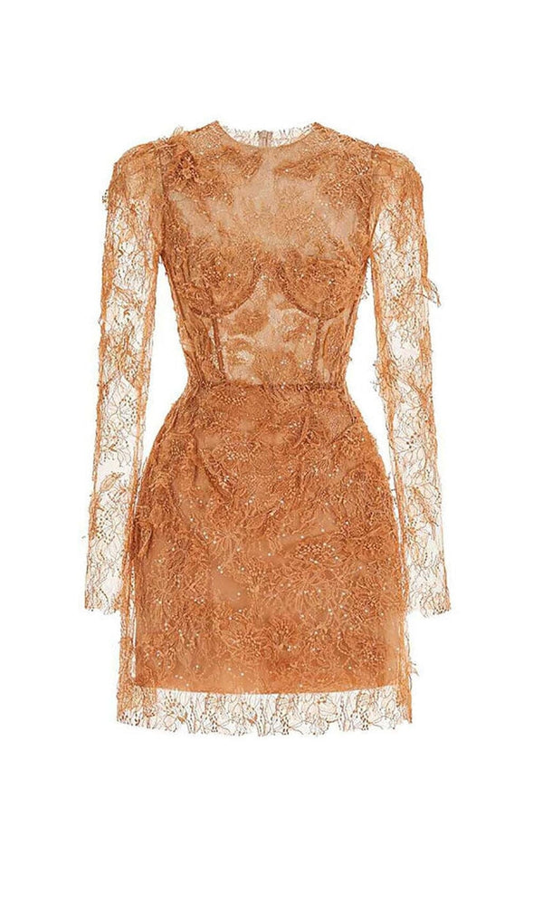 FLORAL AND RAMAGE EMBROIDERY MIDI DRESS IN BROWN DRESS STYLE OF CB 