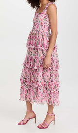 FLORAL-APPLIQUÉ TIERED MIDI DRESS IN PINK DRESS STYLE OF CB 