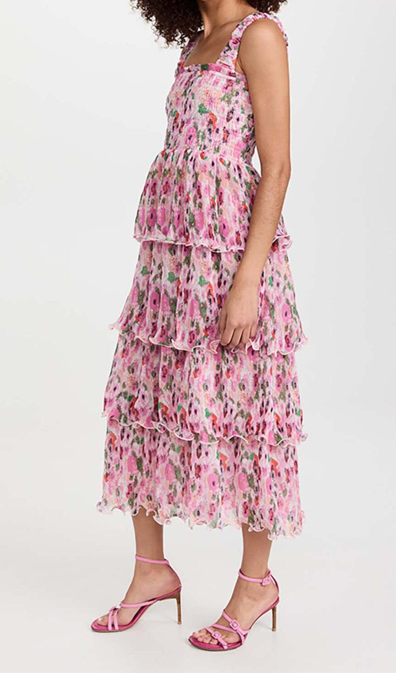 FLORAL-APPLIQUÉ TIERED MIDI DRESS IN PINK DRESS STYLE OF CB 