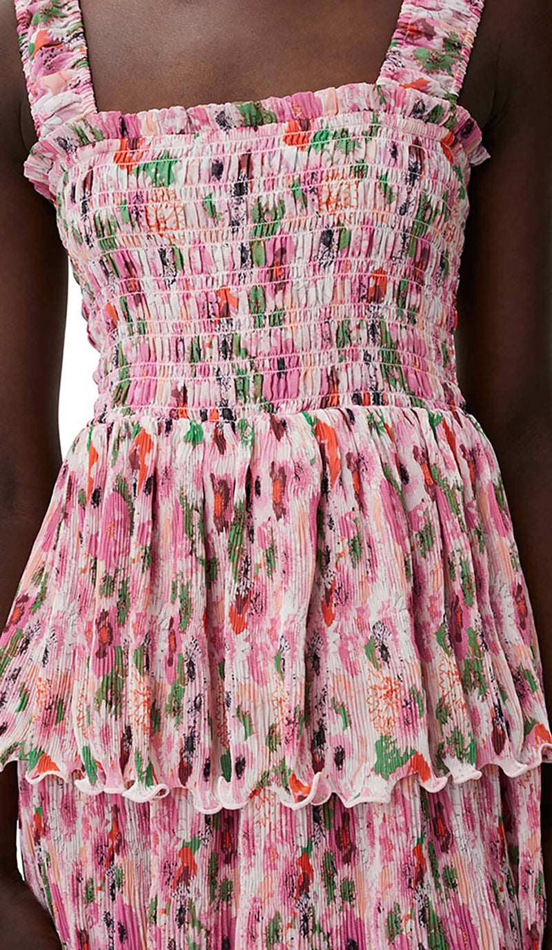 FLORAL-APPLIQUÉ TIERED MIDI DRESS IN PINK DRESS STYLE OF CB 