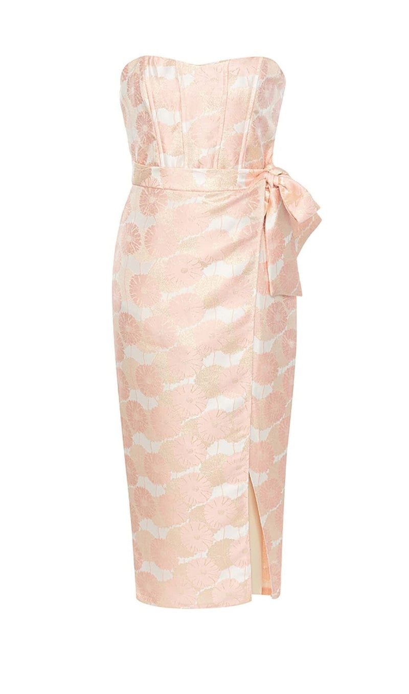 FLORAL CROSS KNOT SPLIT MIDI DRESS IN PINK DRESS STYLE OF CB 