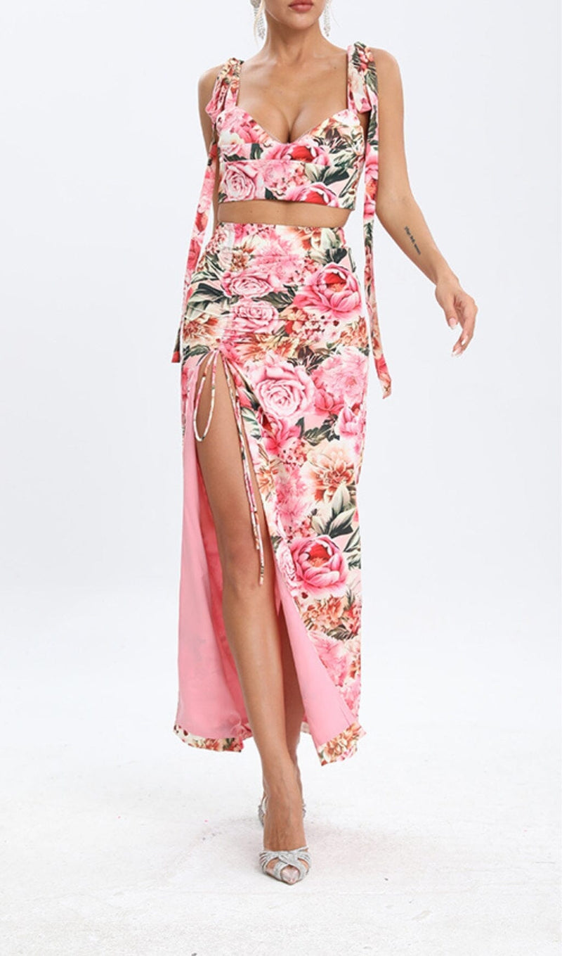 FLORAL DESIGN TWO PIECE SET IN PINK DRESS STYLE OF CB 