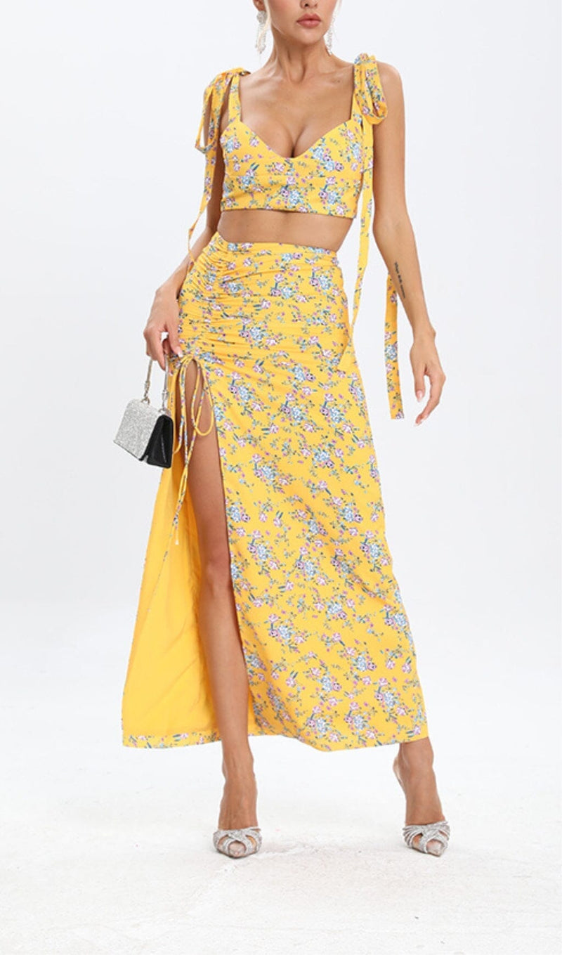 FLORAL DESIGN TWO PIECE SET IN YELLOW DRESS STYLE OF CB 