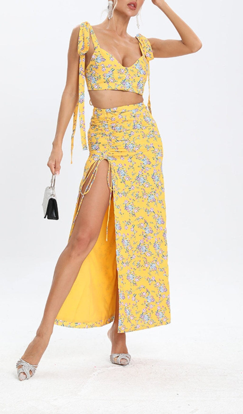 FLORAL DESIGN TWO PIECE SET IN YELLOW DRESS STYLE OF CB 