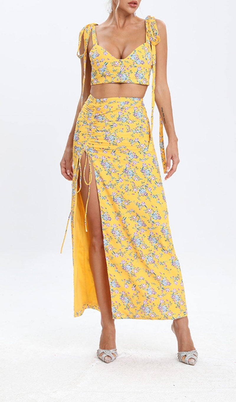 FLORAL DESIGN TWO PIECE SET IN YELLOW DRESS STYLE OF CB 