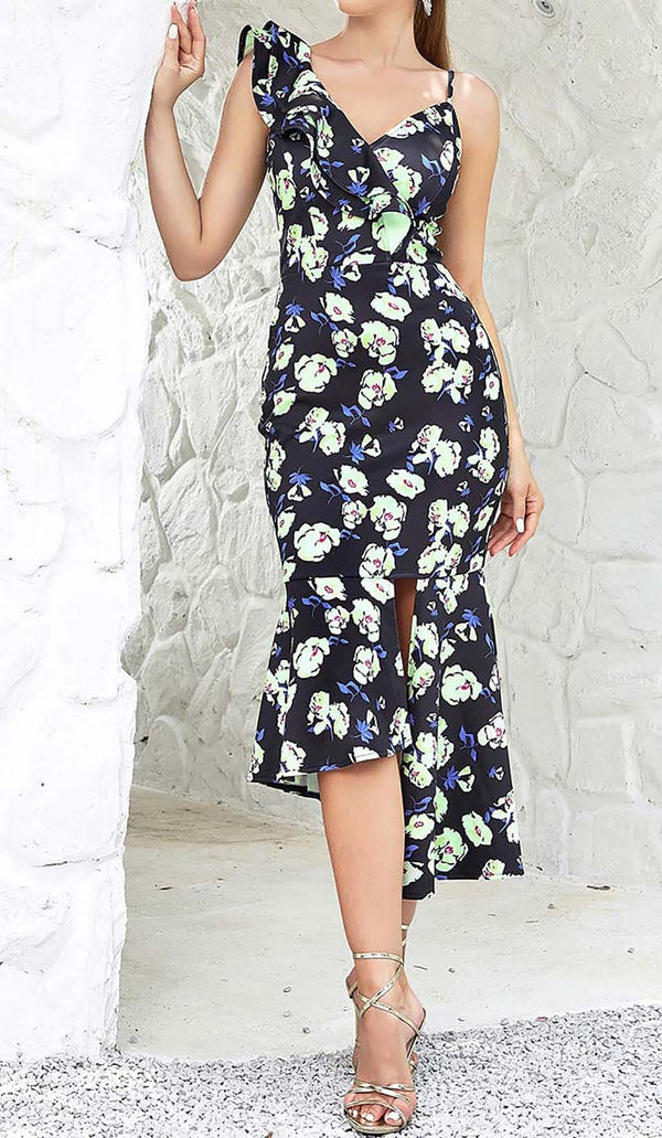 FLORAL PRINT RUFFLES MIDI DRESS DRESS STYLE OF CB 