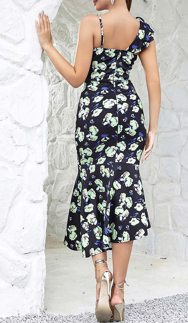 FLORAL PRINT RUFFLES MIDI DRESS DRESS STYLE OF CB 