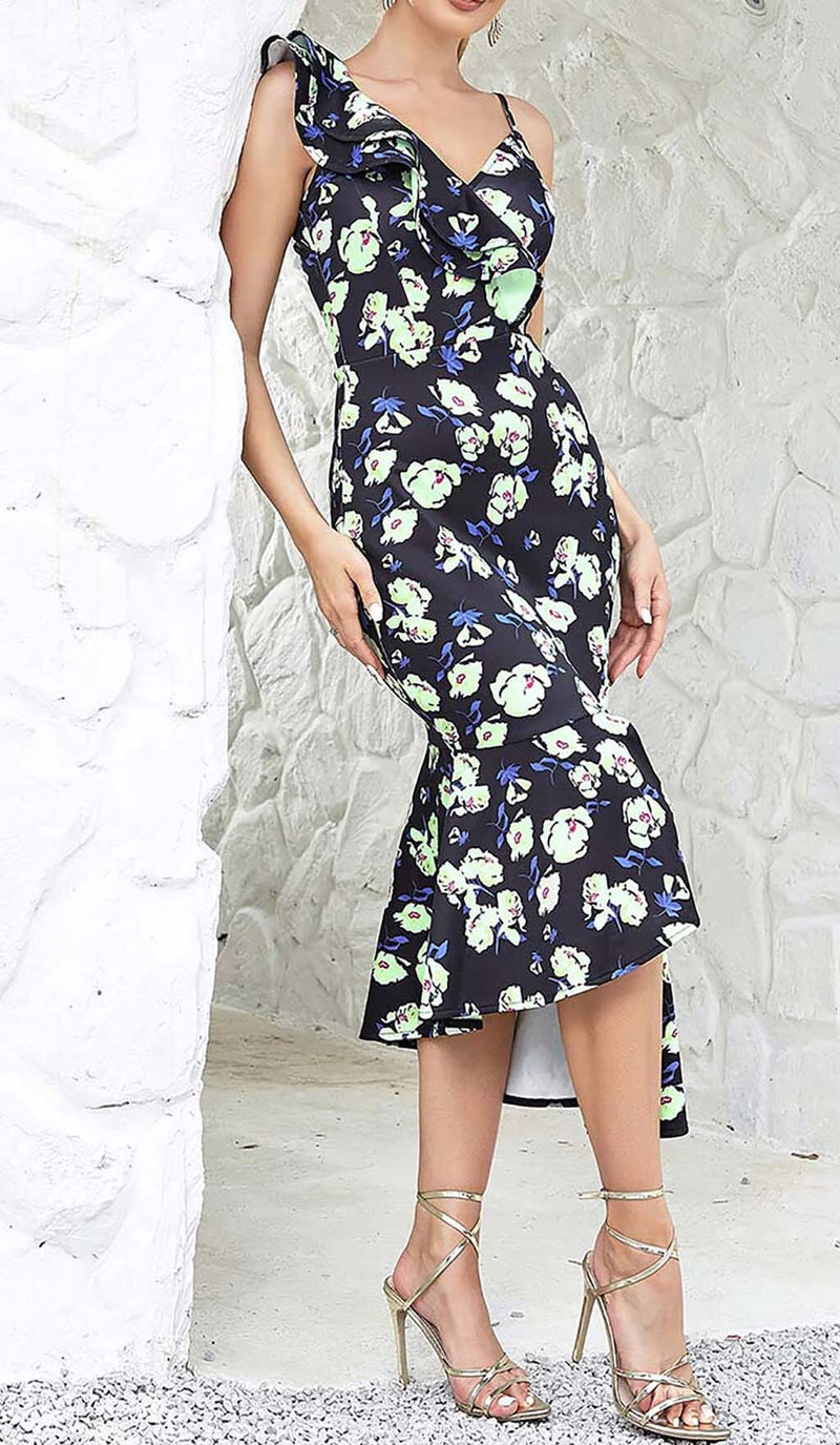 FLORAL PRINT RUFFLES MIDI DRESS DRESS STYLE OF CB 