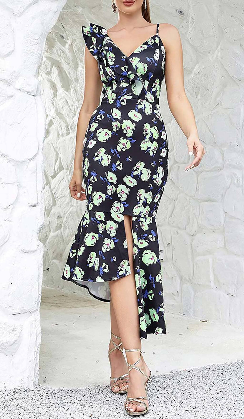 FLORAL PRINT RUFFLES MIDI DRESS DRESS STYLE OF CB 