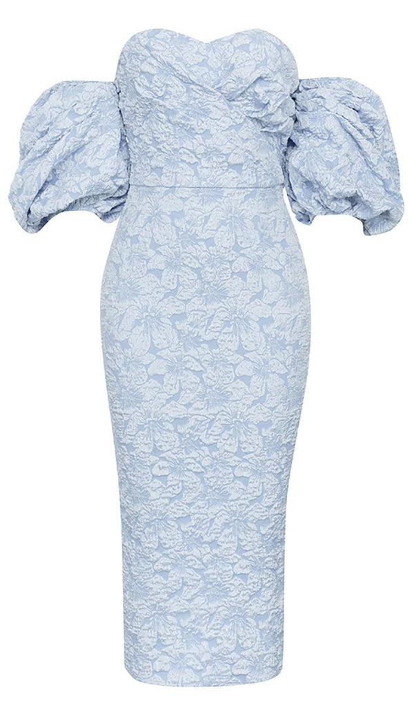 FLORAL-PRINT PUFF SLEEVE MIDI DRESS IN CLEAR SKY DRESS STYLE OF CB 