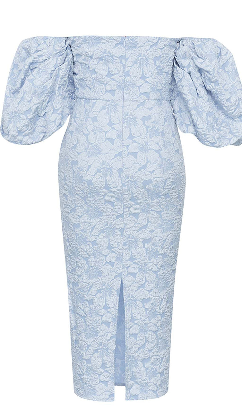 FLORAL-PRINT PUFF SLEEVE MIDI DRESS IN CLEAR SKY DRESS STYLE OF CB 